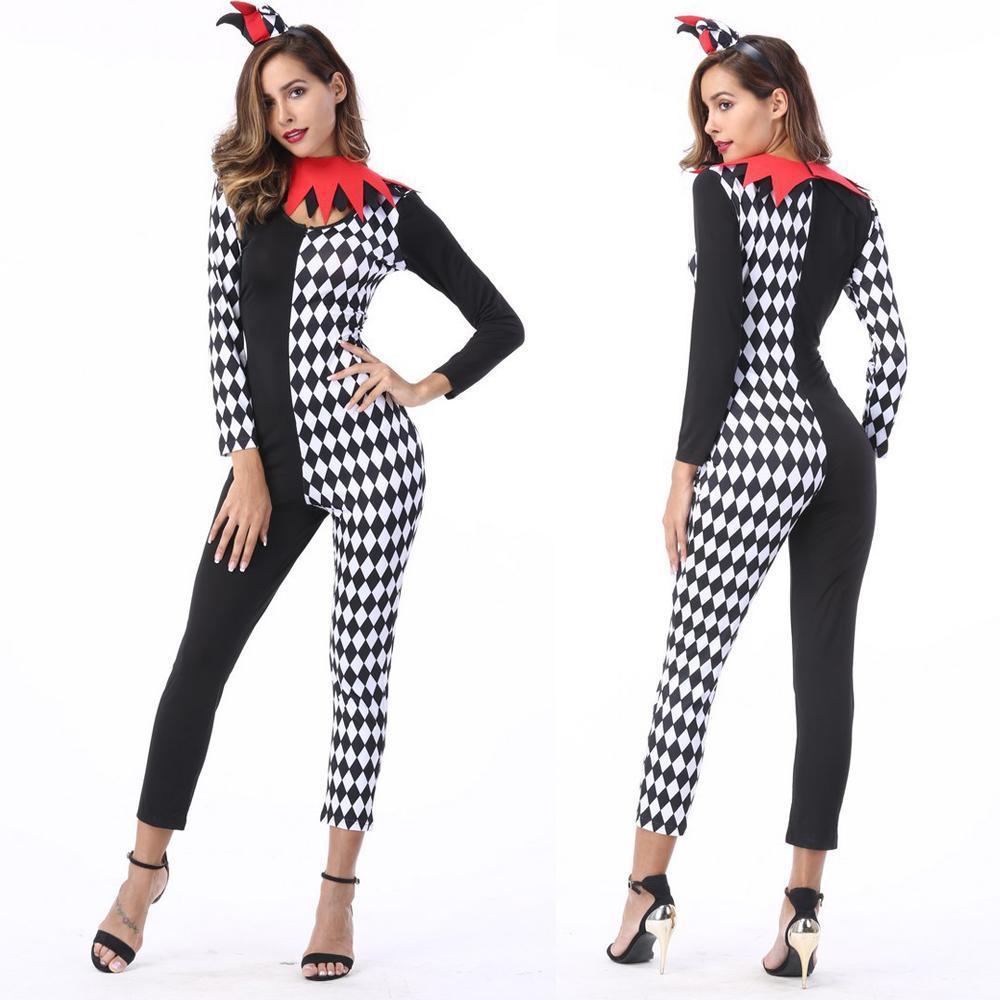 BuyAdult Women Circus Clown Halloween Costume Jumpsuit Contrast Color Now Cheaper With 3 - 5 Days Ship - PajamasBuy