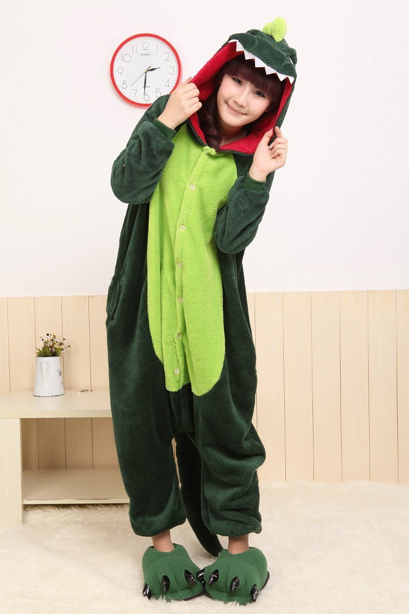 BuyGreen Dinosaur Onesie Hoodie Pajamas Animal Costume Kigurumi Now Cheaper With 3 - 5 Days Ship - PajamasBuy