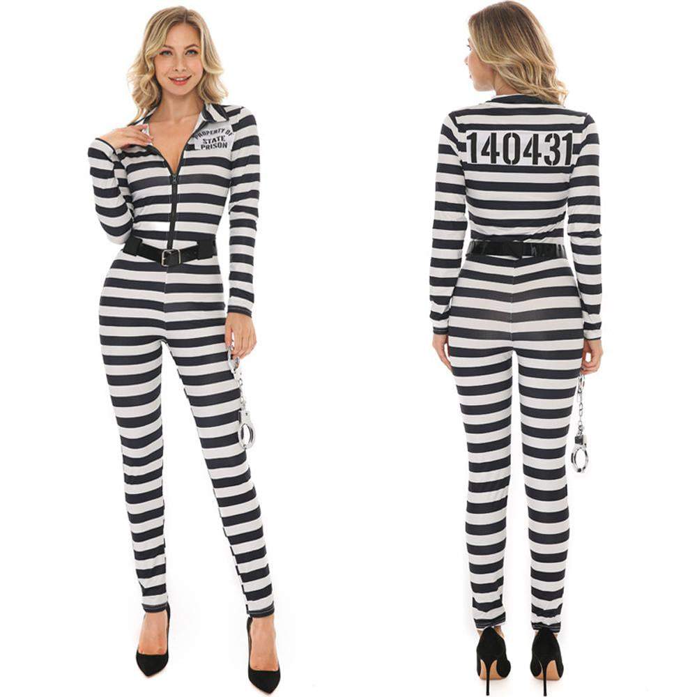 BuyHalloween woman black and white striped prisoner costume Now Cheaper With 3 - 5 Days Ship - PajamasBuy