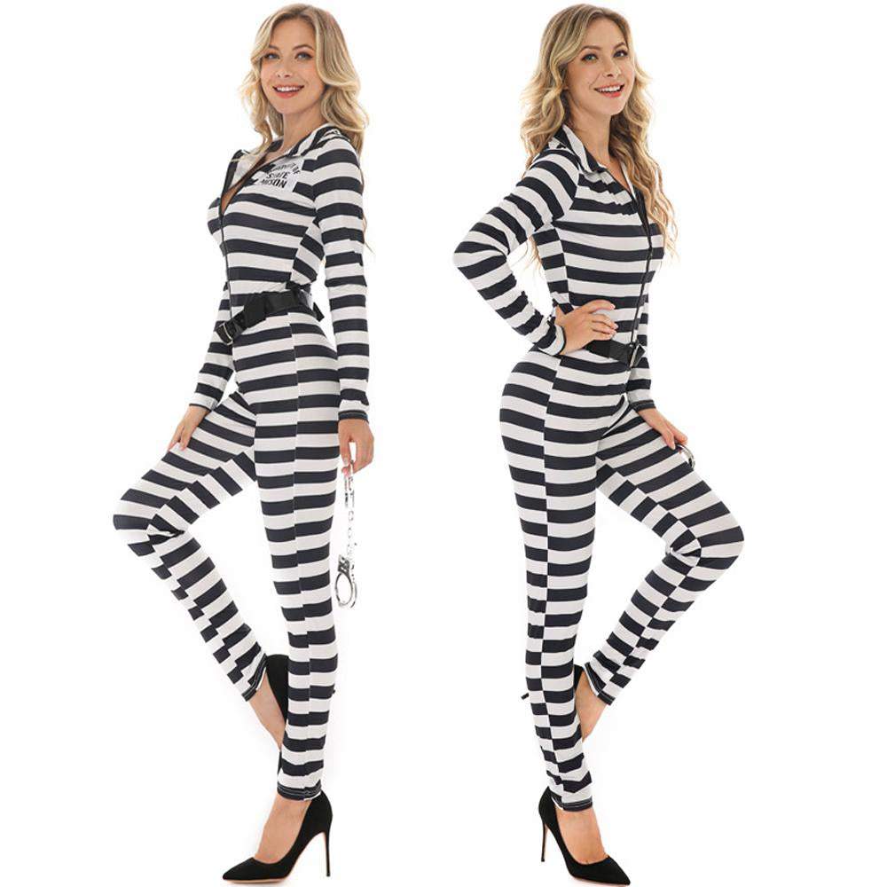 BuyHalloween woman black and white striped prisoner costume Now Cheaper With 3 - 5 Days Ship - PajamasBuy