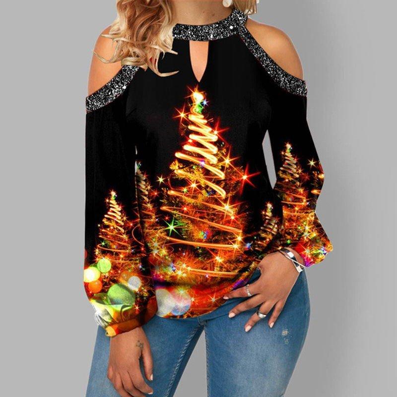 Deer Print Sexy Off-shoulder Plus Size Blouse with Lantern Sleeves T Christmas Women's Clothing