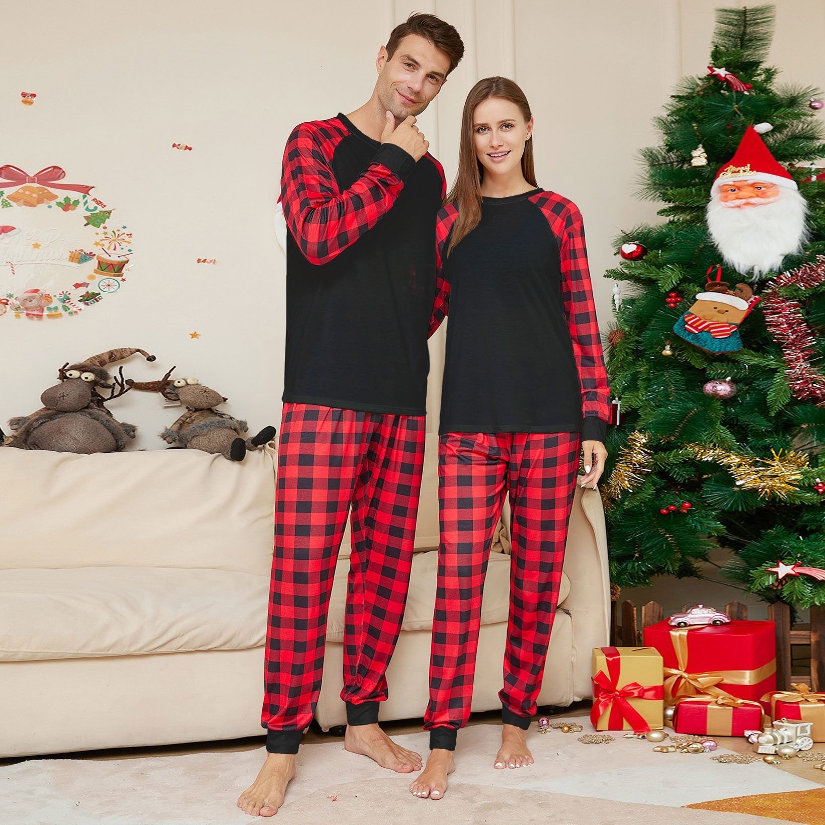 Black Solid Color Plaid Print Christmas Family Couples Matching Pajamas Party Sets