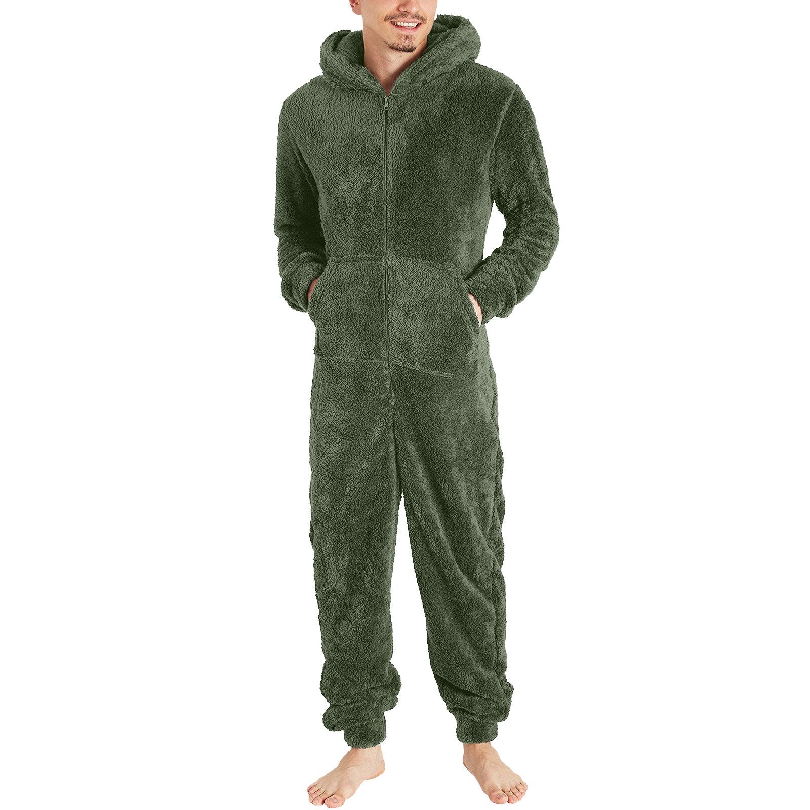 Couple men's thickened warm plush zipper hooded jumpsuit onesies