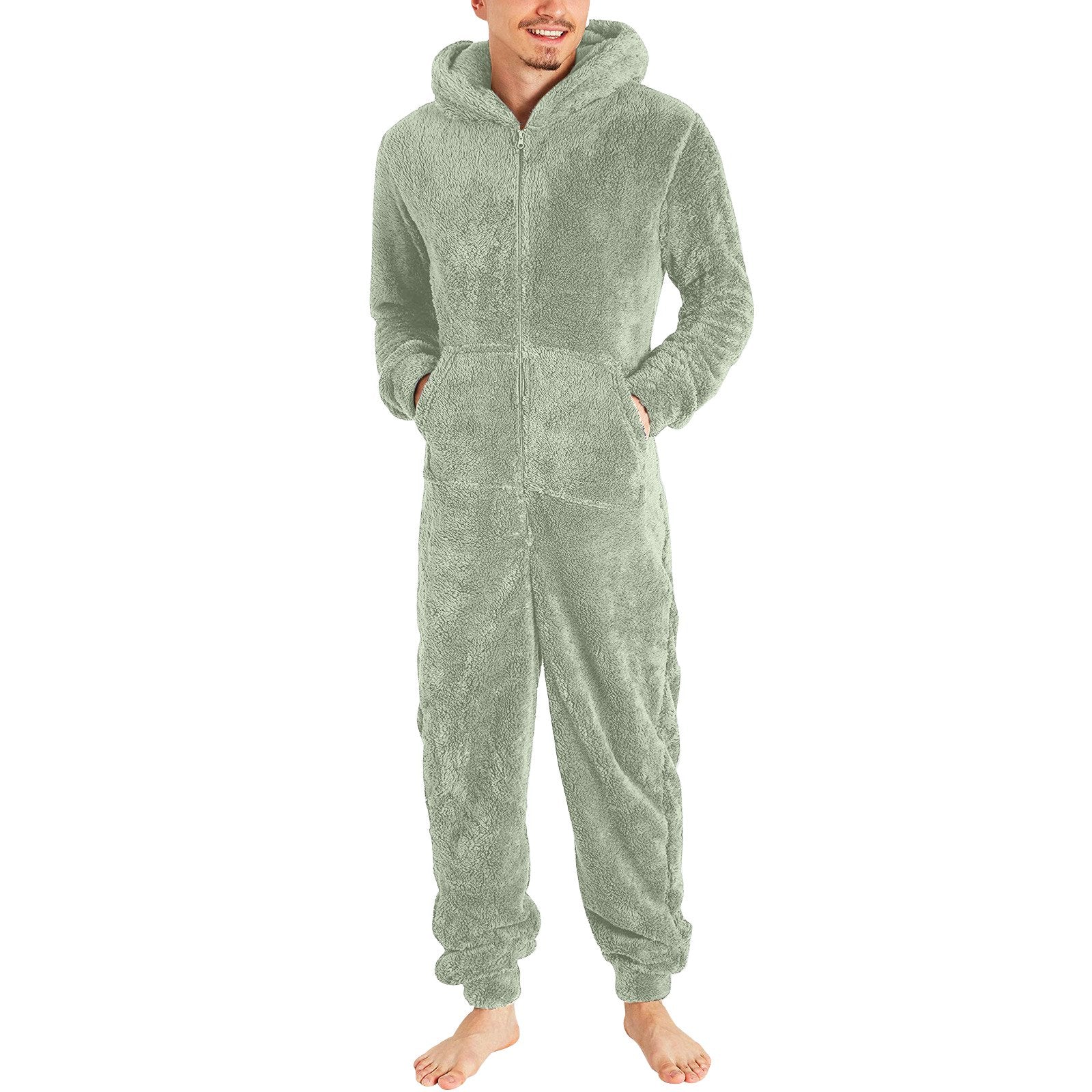 Couple men's thickened warm plush zipper hooded jumpsuit onesies