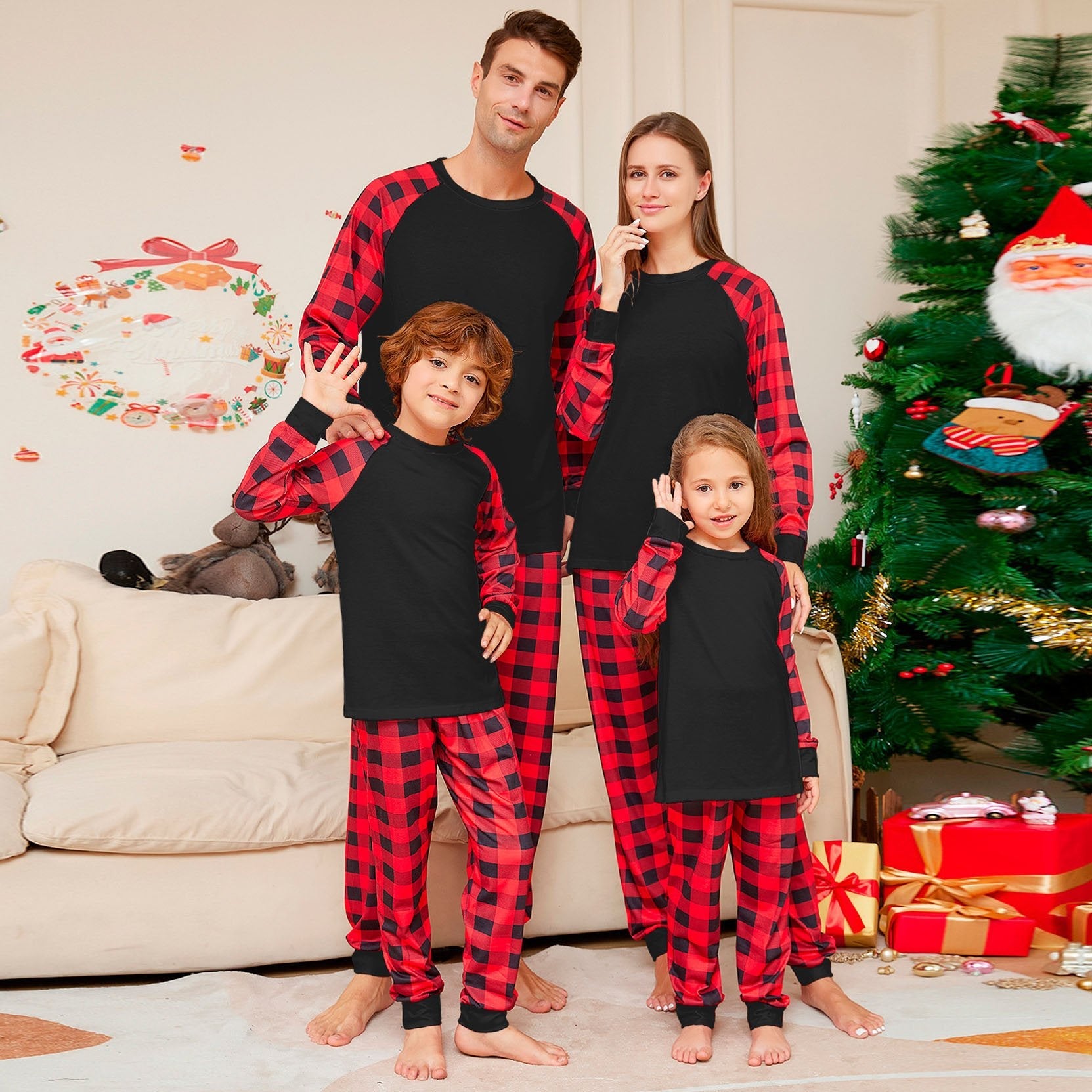 Black Solid Color Plaid Print Christmas Family Couples Matching Pajamas Party Sets