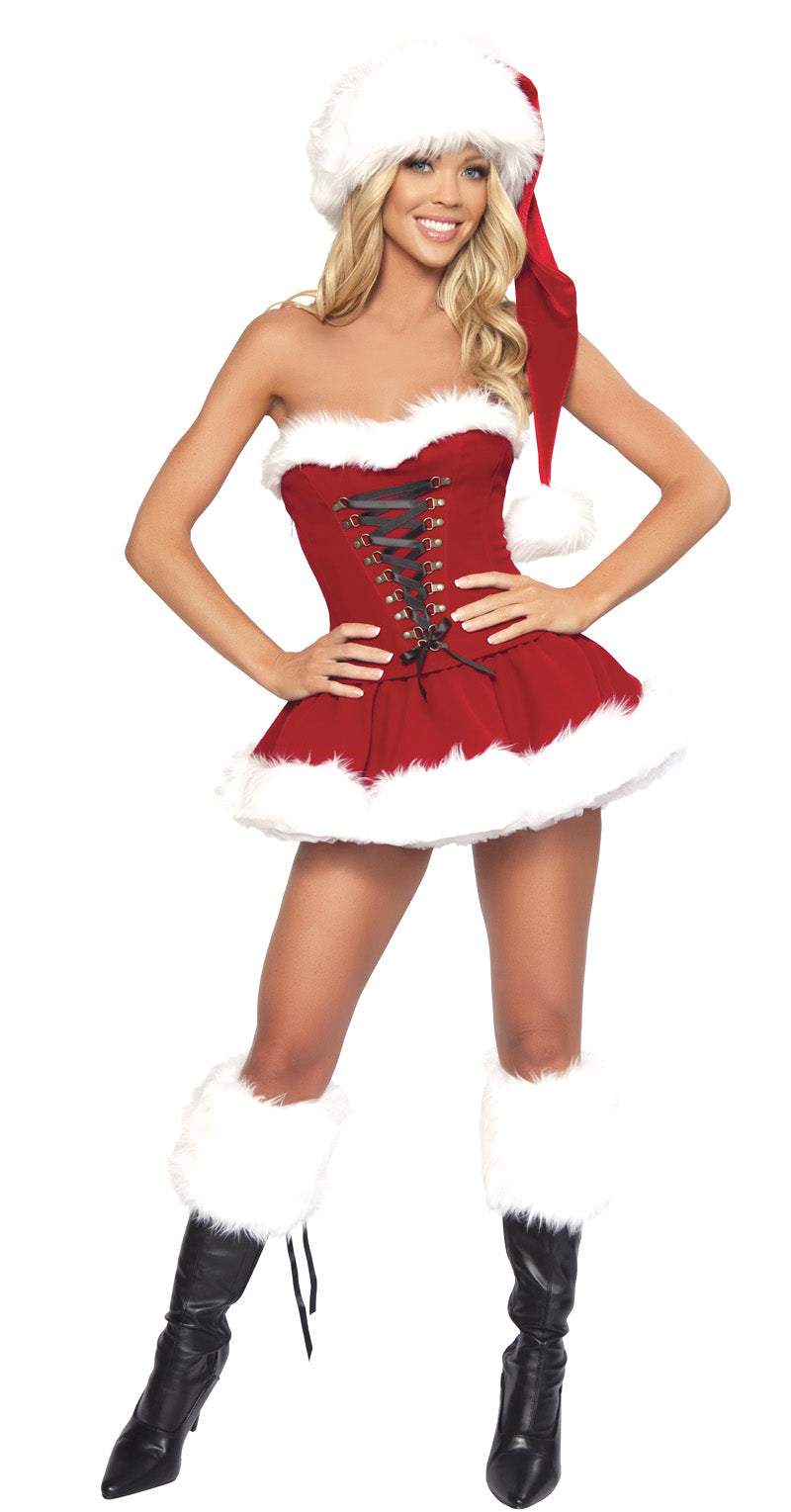 Red Christmas Party Dress Costume Xmas Hat White White Fur Cosplay