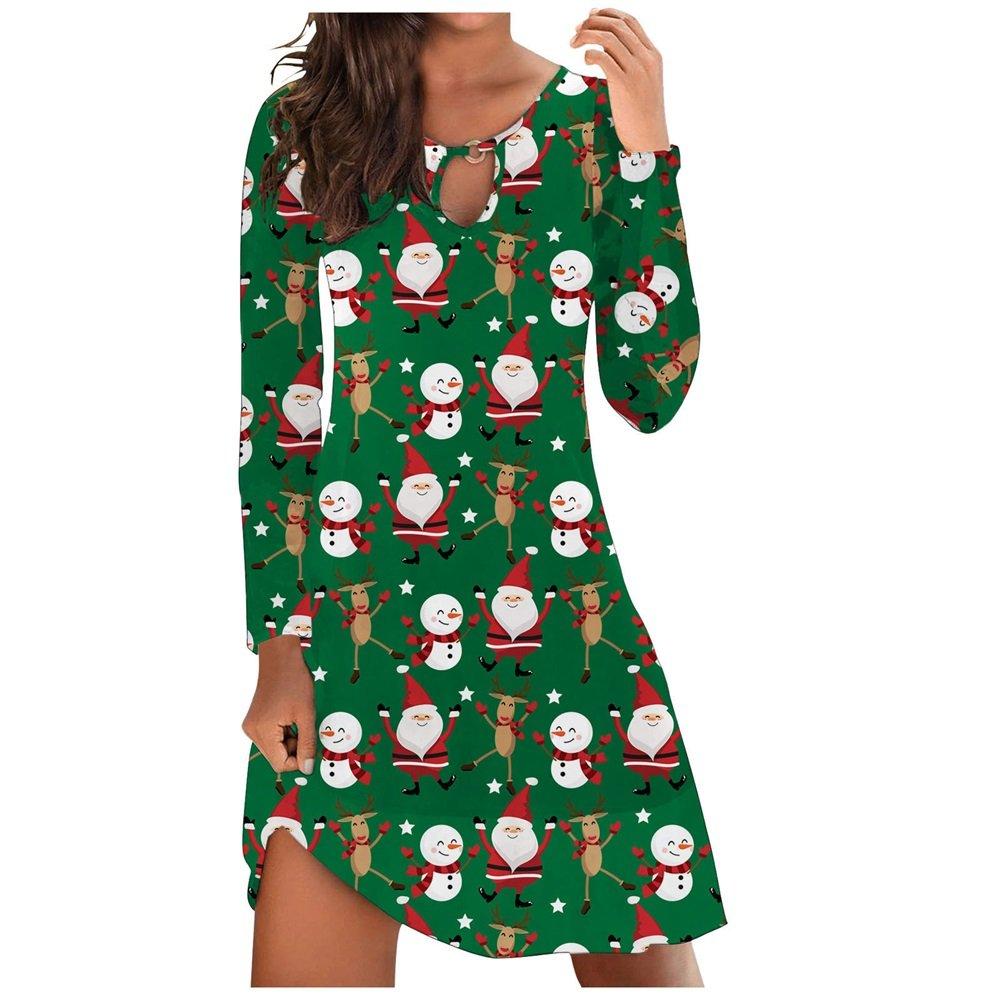 Christmas Top Dress Ladies Santa Print Long Sleeve Dress