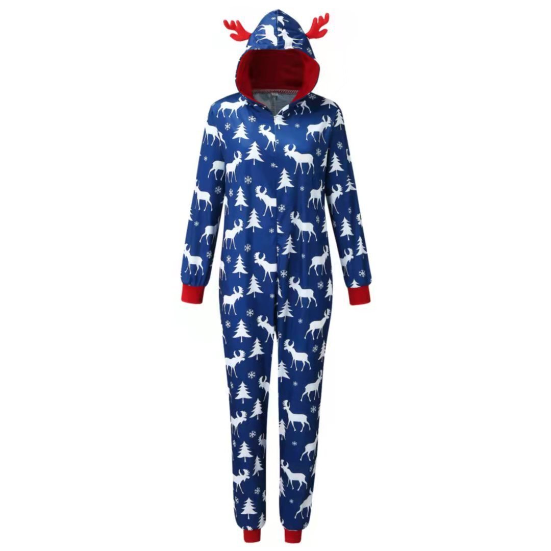 Christmas Family Matching Pajamas Reindeer Print Hooded Jumpsuit Sleepwear Set