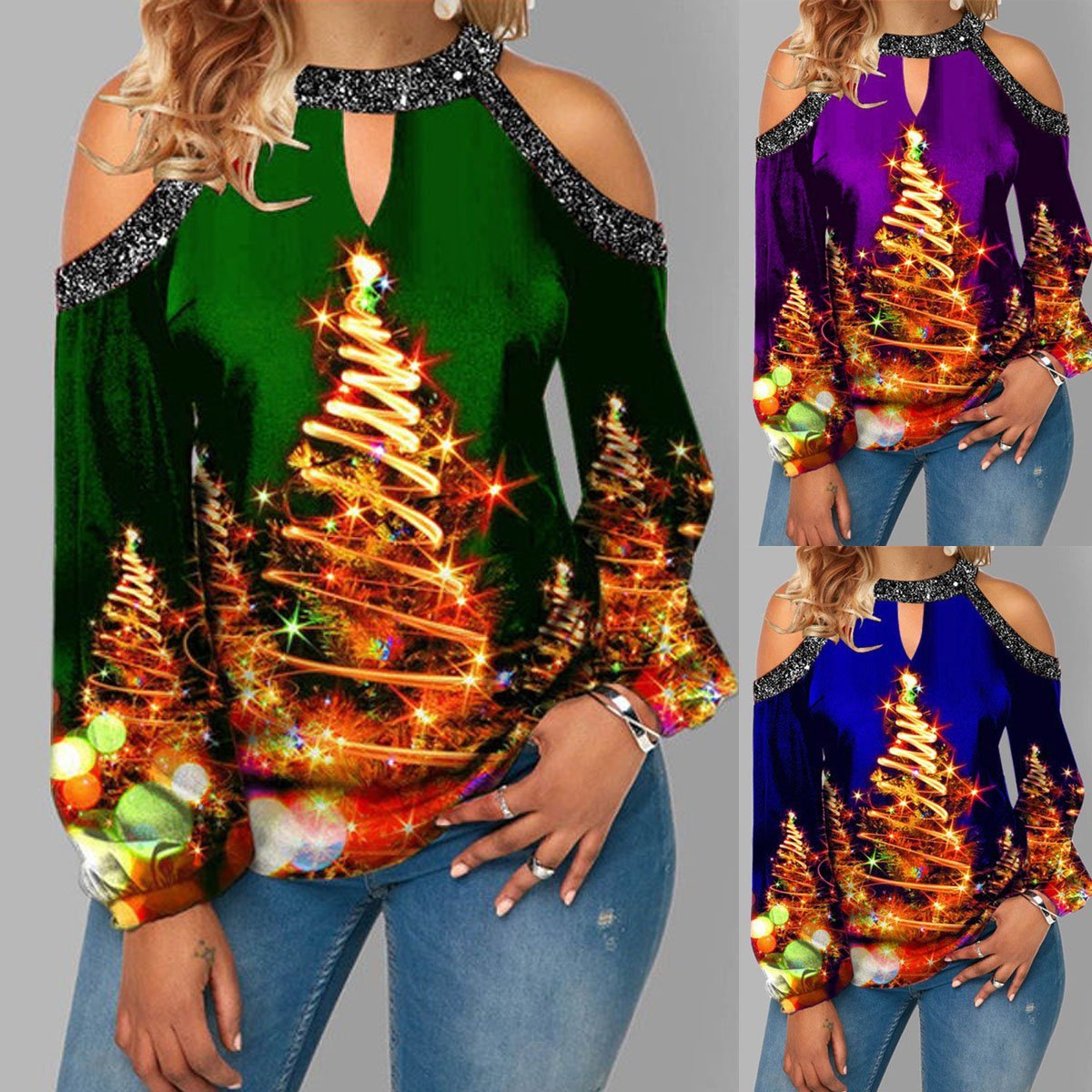 Deer Print Sexy Off-shoulder Plus Size Blouse with Lantern Sleeves T Christmas Women's Clothing