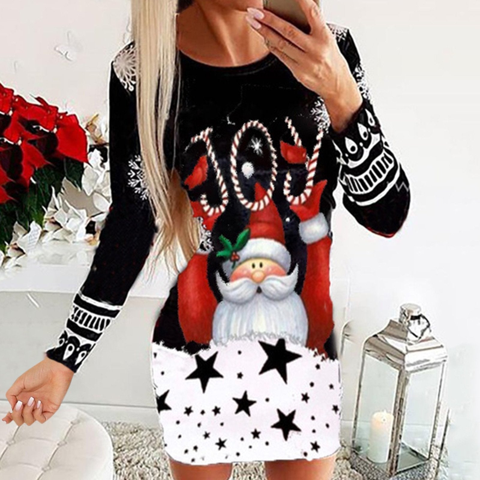 Women's Long Sleeve Christmas Top Dress Mid-Length Round Neck Pullover Print Bag Hip Dress