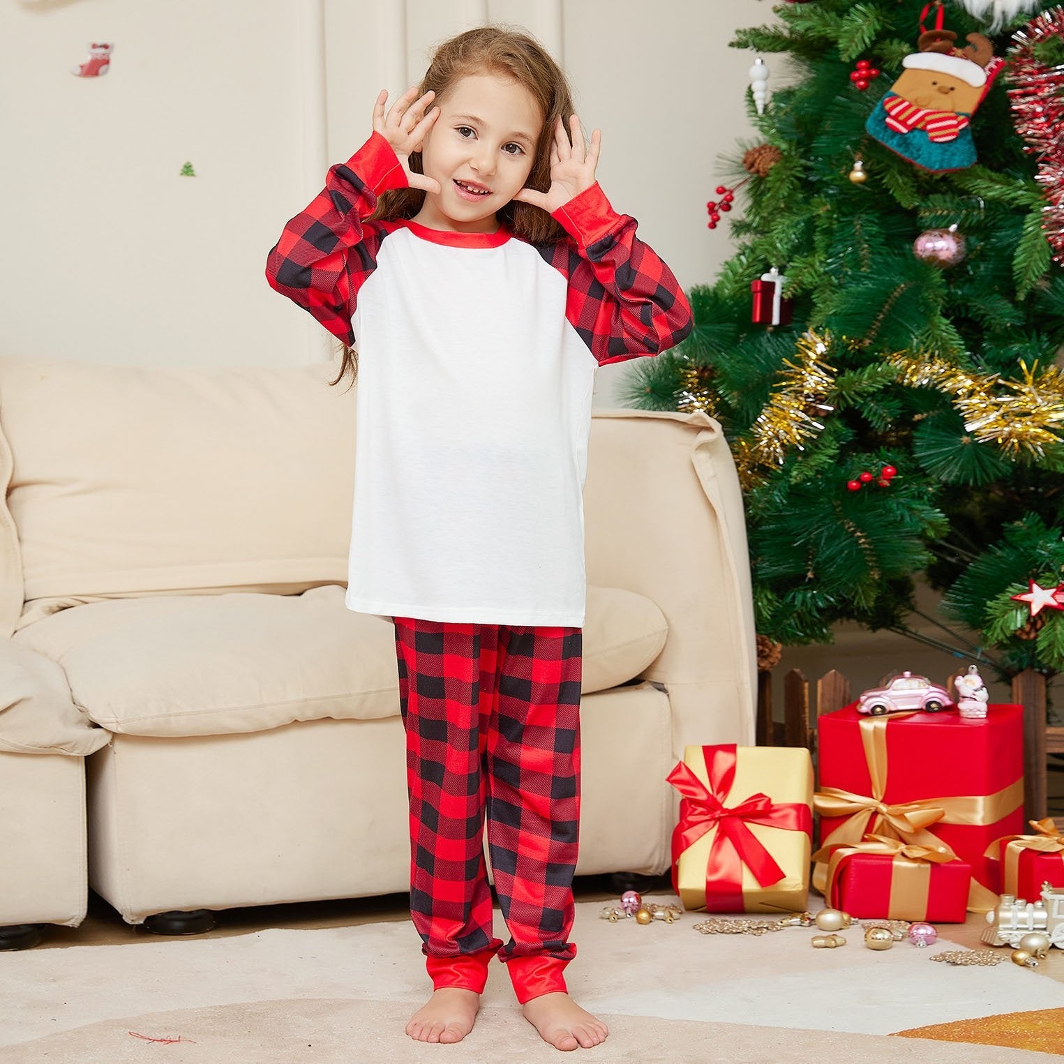 Solid Color Plaid Print Christmas Family Couples Matching Pajamas Party Sets