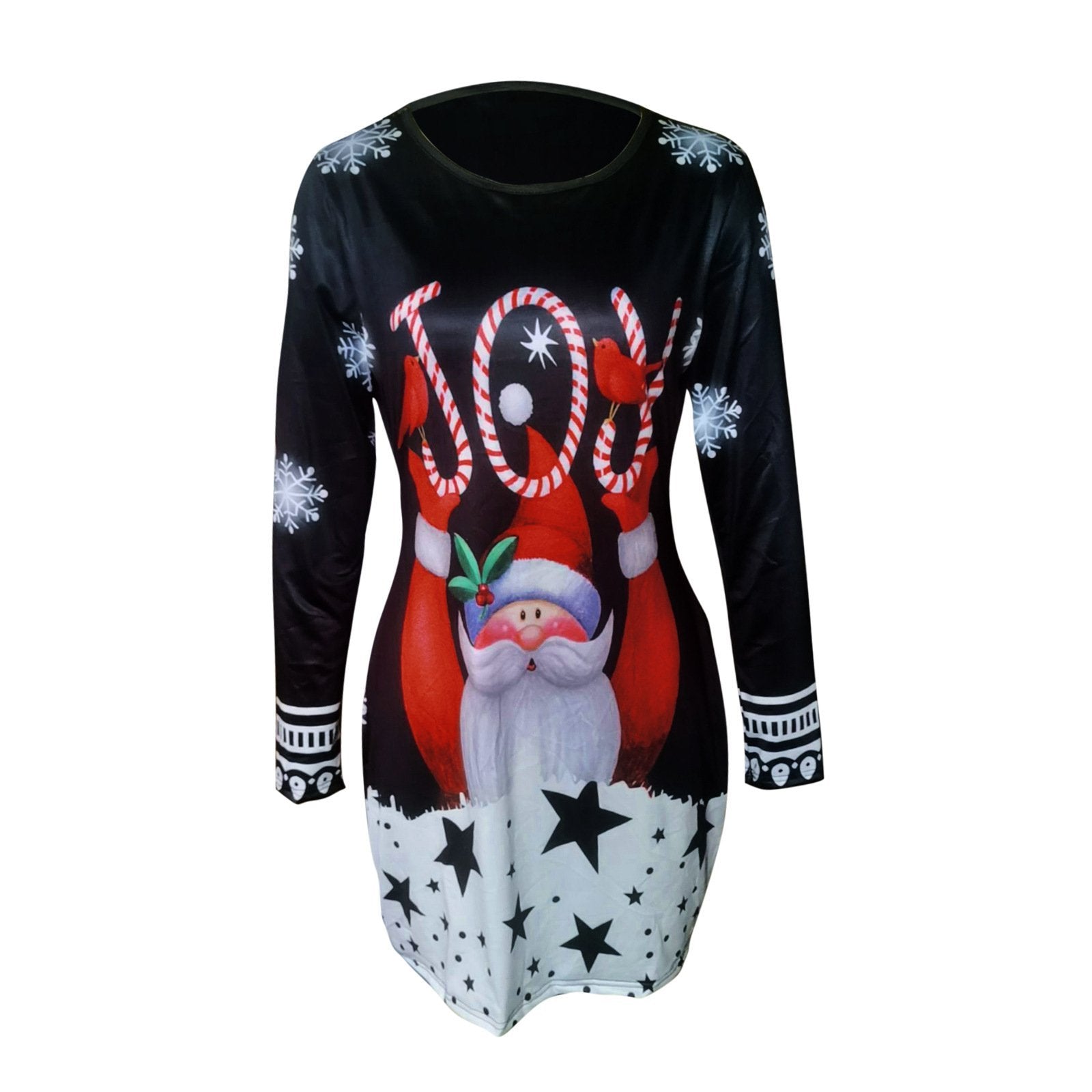 Women's Long Sleeve Christmas Top Dress Mid-Length Round Neck Pullover Print Bag Hip Dress