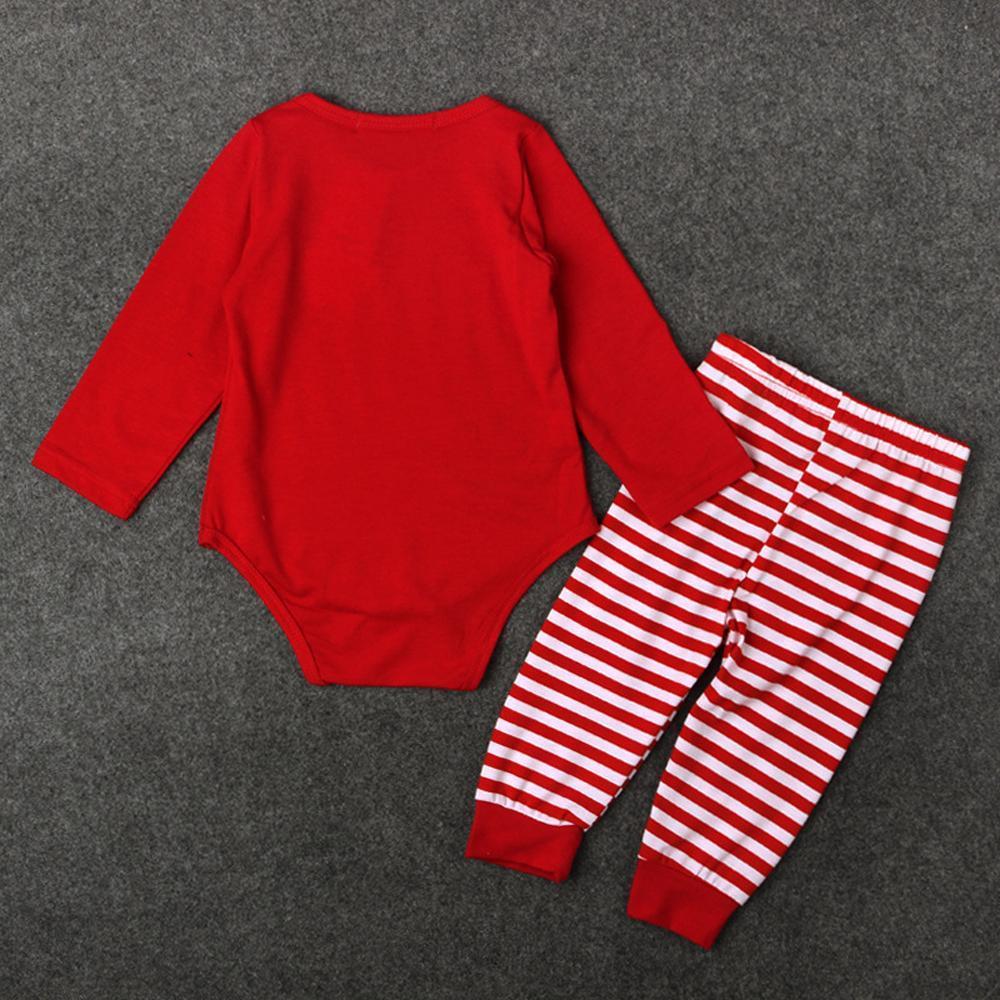 Baby Christmas Santa Elk Print 2 Piece Red Bodysuit Striped Pant Set