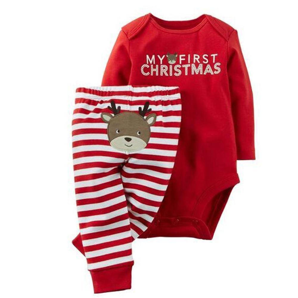 Baby Christmas Santa Elk Print 2 Piece Red Bodysuit Striped Pant Set