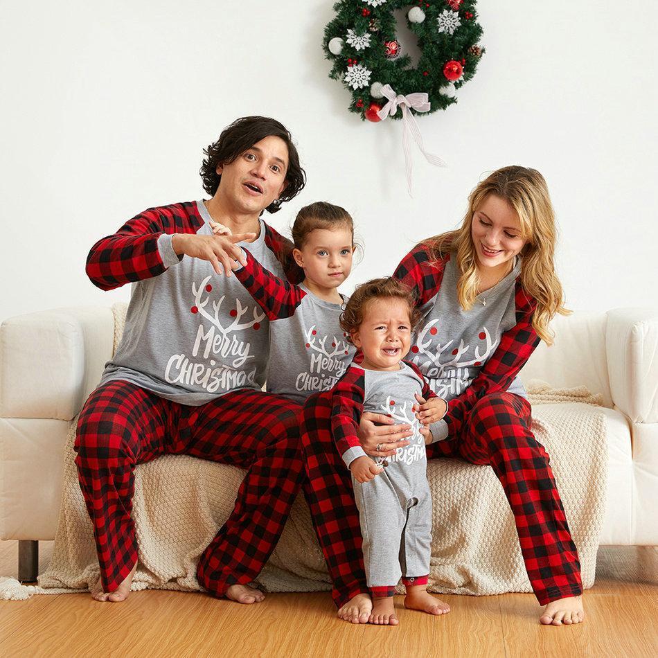 Christmas Family matching Deer print plaid Pajamas two Pieces Set Santa Patterned