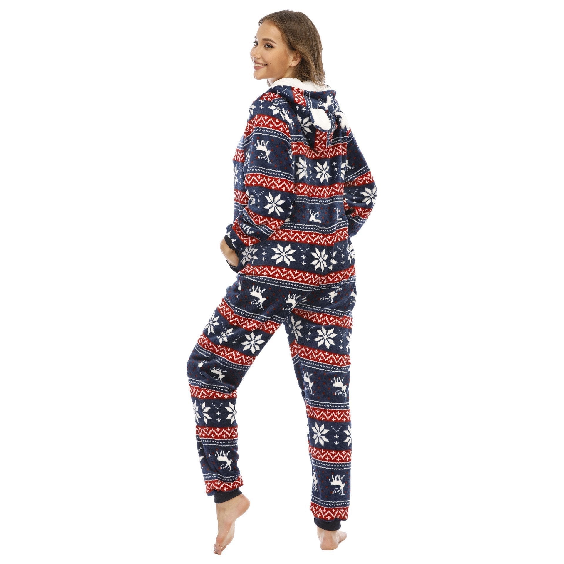 Women's Pajamas Coral Fleece Christmas elk snowflake Onesie Hooded Jumpsuit Pajamas for Adult