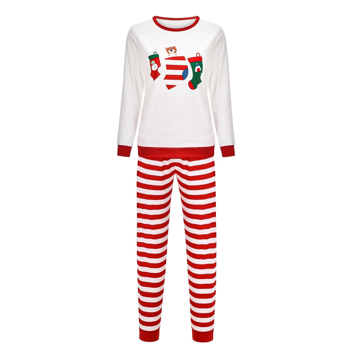 Christmas Family Matching Sleepwear Pajamas Sets White Stocking Bear Top and Red Stripes Pants