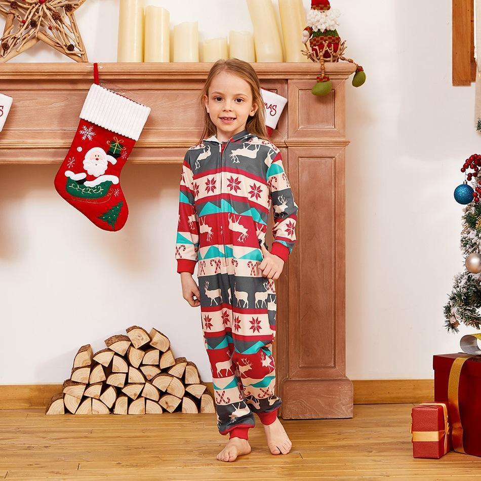 Family Christmas Pajamas Matching Sets Printed Long Sleeve One-Piece Hooded Sleepwear Jumpsuit Loungewear