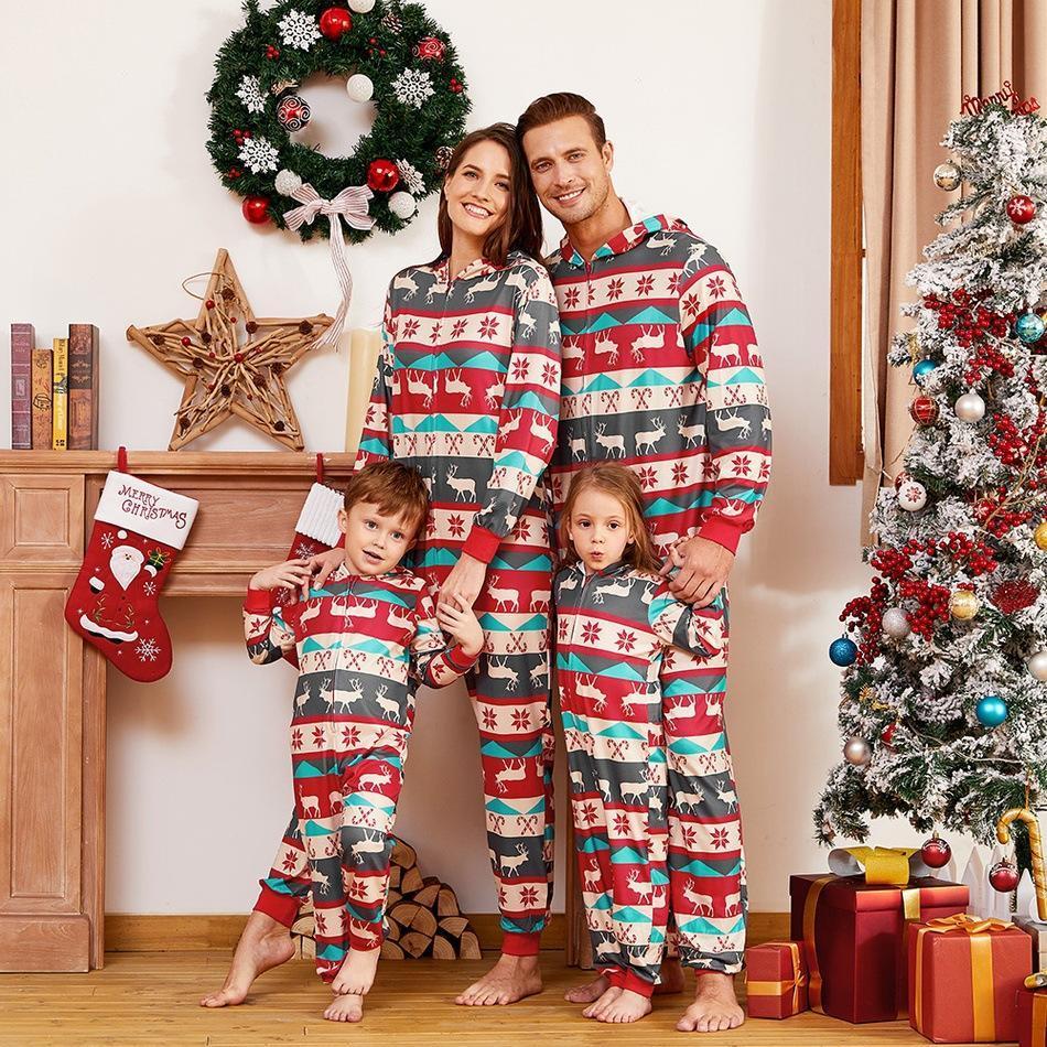 Family Christmas Pajamas Matching Sets Printed Long Sleeve One-Piece Hooded Sleepwear Jumpsuit Loungewear