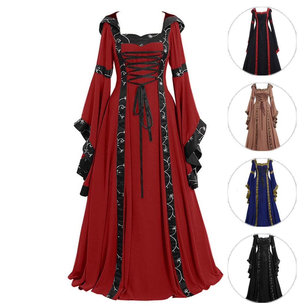 BuyMedieval Retro Hooded Dress Costume Square Neck Tie Trumpet Sleeves Big Swing Skirt Now Cheaper With 3 - 5 Days Ship - PajamasBuy