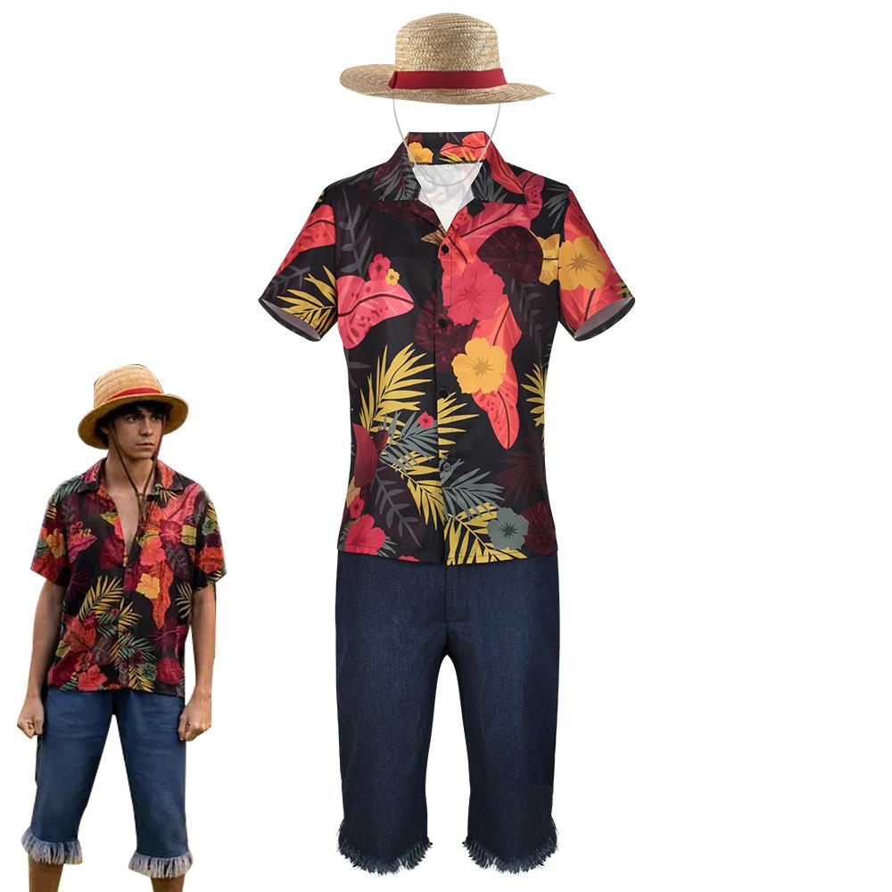 Buyone picece luffy costume live floral shirt Anime Cosplay with straw hat Now Cheaper With 3 - 5 Days Ship - PajamasBuy