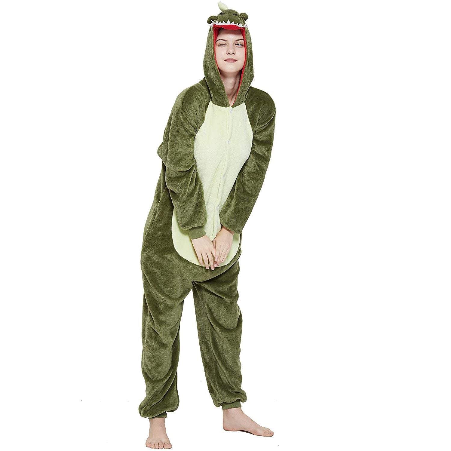 BuyOnesie Kigurumi Pajamas Print New green dinosaur Adult's Flannel Winter Sleepwear Animal Costume Now Cheaper With 3 - 5 Days Ship - PajamasBuy