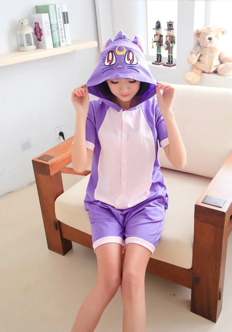 BuySailor moon Purple Cat Luna Animal Onesie Pajamas Short Sleeve Now Cheaper With 3 - 5 Days Ship - PajamasBuy