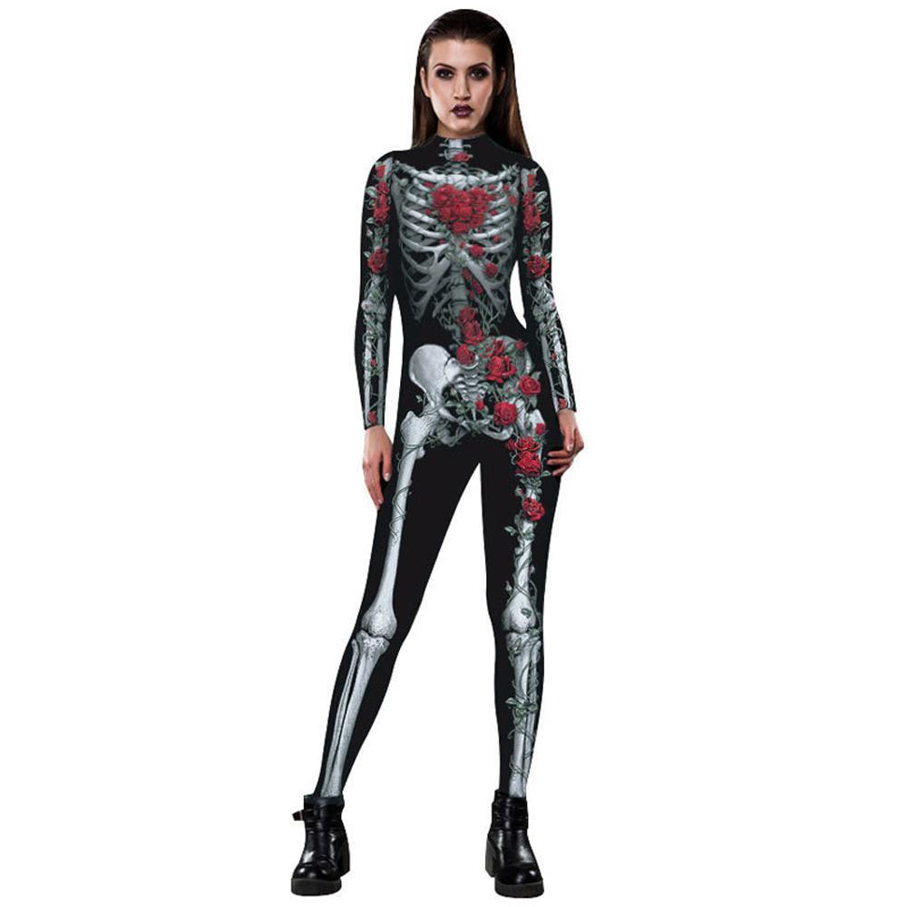 BuyWomen Printed Rose Skull Skeleton Catsuit Halloween Costume Now Cheaper With 3 - 5 Days Ship - PajamasBuy