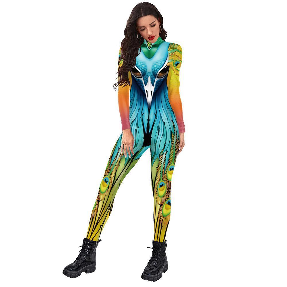 BuyWomens Halloween Costumes Cosplay Peacock Print Jumpsuit Slim Fit Long Sleeve Catsuit Party Outfit Now Cheaper With 3 - 5 Days Ship - PajamasBuy