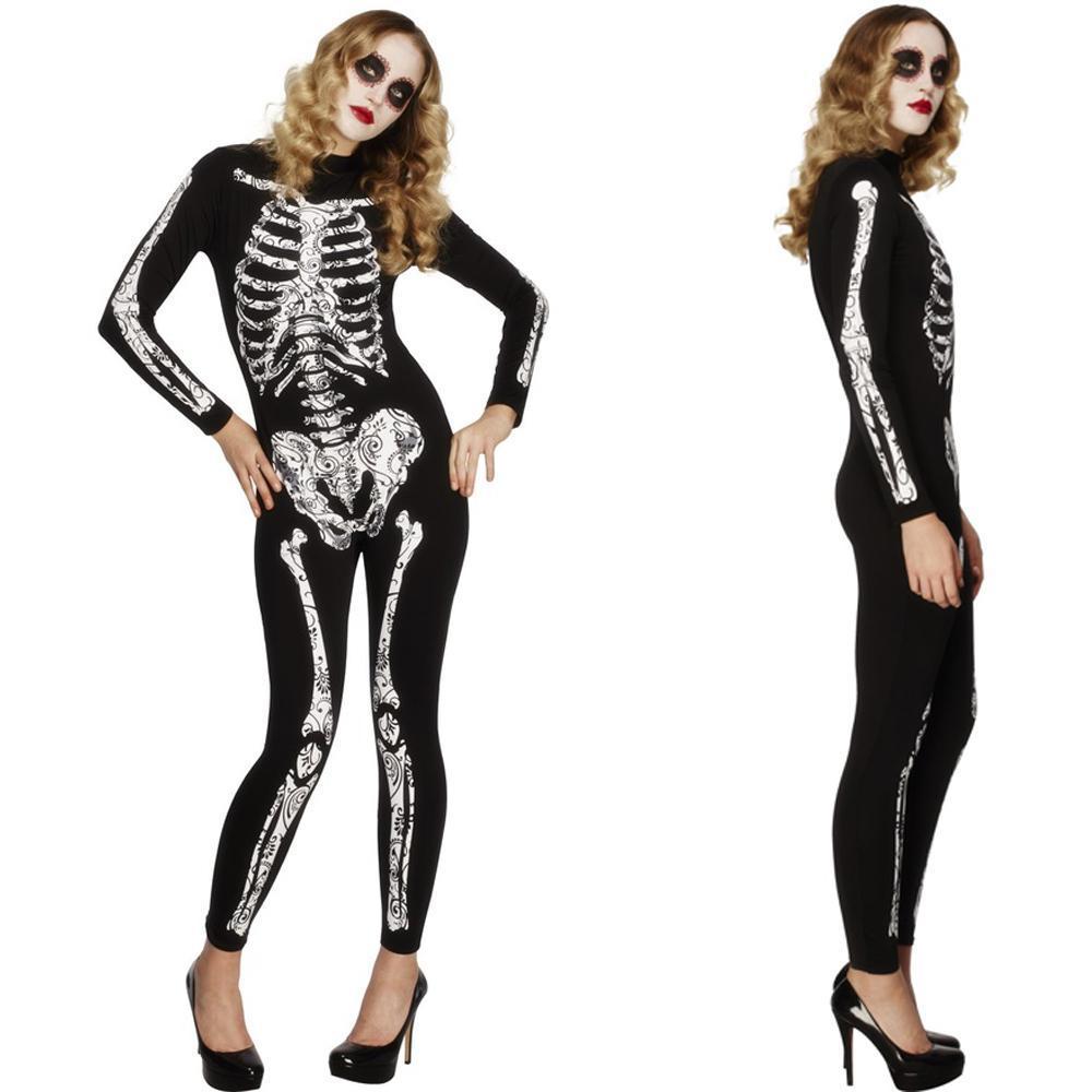 BuyWomen's Spandex Printed Skull Skeleton Catsuit Halloween Costume Now Cheaper With 3 - 5 Days Ship - PajamasBuy